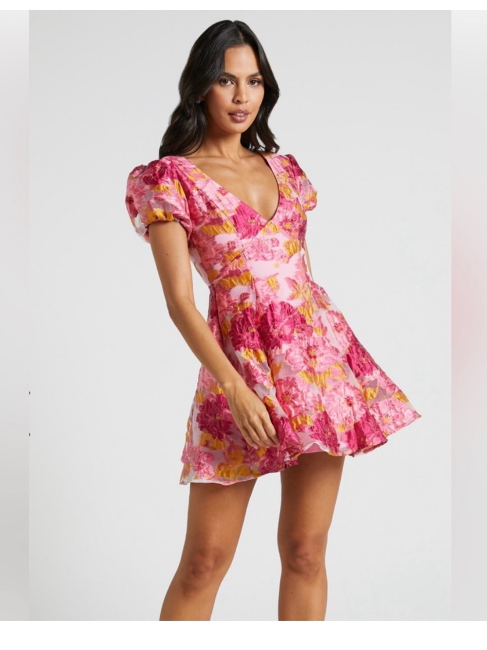 Showpo Brailey Jacquard Mini Dress in Pink Floral Summer